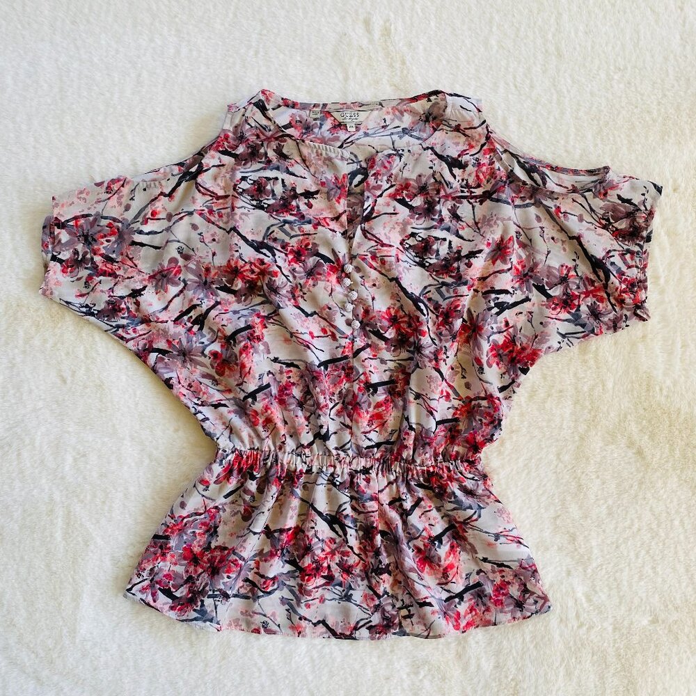 Guess Women's Cherry Blossom Floral Print Blouse Size XS cold shoulder